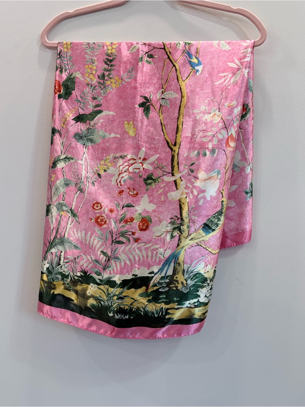 Vintage 90s Chinoiserie Peacock & Paradise Floral Satin Scarf